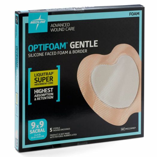 Medline Optifoam Gentle LQ Silicone-Faced Foam Dressing, 9 x 9 Inch Bordered Sacrum