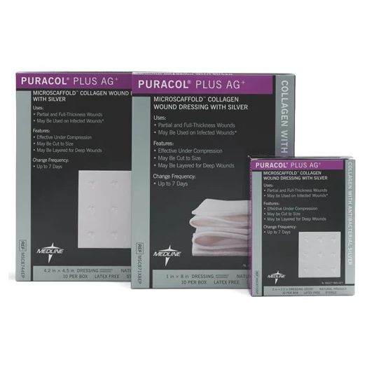 Medline Puracol Plus AG+ Collagen Dressing with Silver, 4 x 4 Inch
