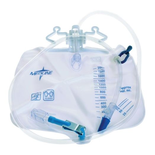 Medline Urinary Drain Bag with Anti-Reflux Tower, 2,000 mL Metal Clamp