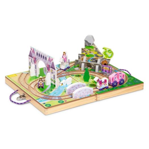 Melissa & Doug 19-Piece Wooden Take-Along Tabletop Kingdom - Wood Play Pieces, Carriage, Horse, Unicorn, Dragon, Model Train Set, Toddler 3+