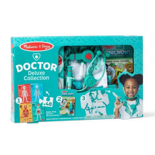 Melissa & Doug Doctor 3-in-1 Deluxe Collection Themed Gift Set - Costume Role Play, Puzzle, Water WOW! - FSC Certified