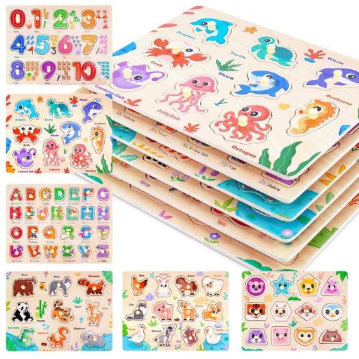 Melofaver Toddler Puzzles Montessori Toys for 3 4 5 Years Old, 6 PCS Wooden Puzzles for Kids Ages 4-6 - Learning Alphabet, Numbers, Shapes and Animals, Educational Toys Puzzle Gifts for Girls Boys