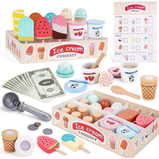 Wooden Ice Cream Toys for Toddlers, Kids Wooden Toys Play Kitchen Accessories, Play Food Sets for Kids Kitchen, Pretend Play Toys Gifts for 3 4 5 Year Old Girls Boys Birthday