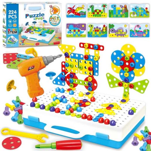 Mengwoha 224 Pieces Creative Mosaic Drill Design Puzzle Set for Kids, Electric Drill and Screwdriver Toy Tool DIY Educational Set, STEM Engineering Construction Projects for Boys and Girls Ages 3-10