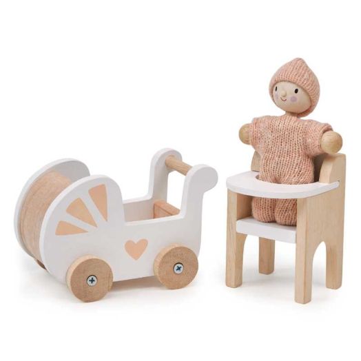 Mentari Toys - Nursery Set - Wooden Dollhouse Nursery Set - Incl Doll Baby in a Knitted Playsuit, Pram, Highchair and Other Accessories - Age 3+