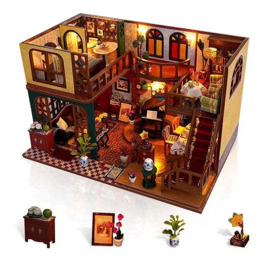 Miniature Dollhouse Kit, MOJINO Wooden Dollhouse with LED, Tiny House Kit for Adults to Build, Unique Gifts for Birthday, Christmas (Eastern Charm)