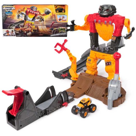 Monster Jam Smash & Bash SmashBot Playset with Launcher and Monster Truck, 1:64 Scale