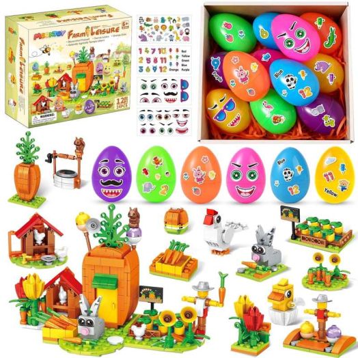 MOONTOY 12-in-1 Easter Building Blocks Toy Set, Carrot Farm with Bunny, Hen & Tulips, 12 DIY Prefilled Easter Eggs with 4 Stickers, Easter Gifts for Kids, Easter Basket Stuffers for Boys Girls 6 7 8+