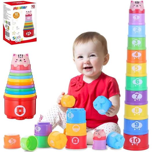 MOONTOY Stacking Cups Baby Toys 6 10 12 18 Months, Montessori Toys for 1 Year Old, Baby Bath Toys 6-12 Months, Cause and Effect Toys with Numbers Shapes Patterns, Birthday Gifts for 1 2 3 Year
