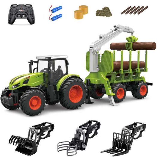 Remote Control Farmer Tractor Playset, RC Truck Car Toy with wood Grabber Haystacks Strips of Wood, Toddlers Farm Vehicle Toys for 3+