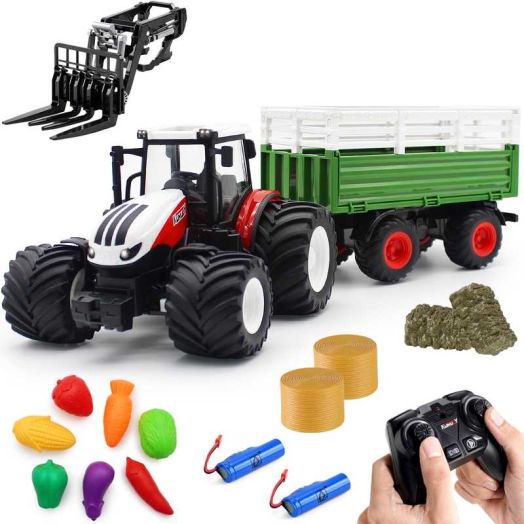 Remote Control Farmer Tractor Toy, RC Car Playset with Trailer and Farm Accessories Tool, Toddlers Farm Vehicle Toys