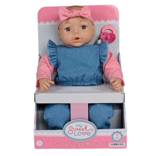 My Sweet Love 18-inch Nurturing Soft Baby Doll with Removable Denim Jumsuit, Doll with Removable Outfit, Cute Headband and Pretend Pacifier, Gray Eyes