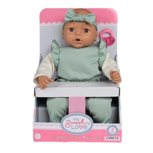 My Sweet Love 18-inch Nurturing Soft Baby Doll with Removable Mint Jumpsuit, Doll with Removable Outfit, Cute Headband and Pretend Pacifier, Brown Eyes