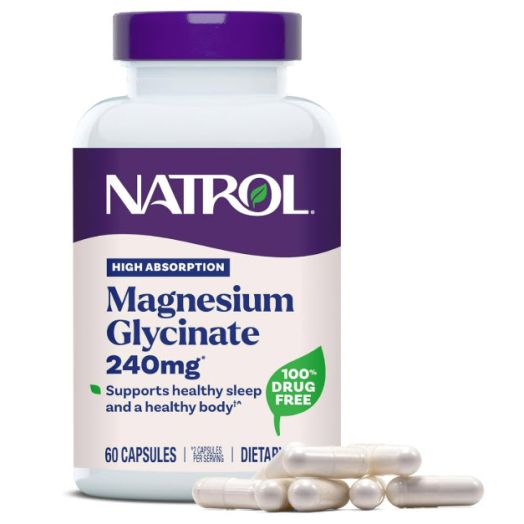 Natrol Magnesium Glycinate Supplements 240 mg - High Absorption - Calm Magnesium Glycinate for Sleep - 60 Capsules, 30 Day Supply