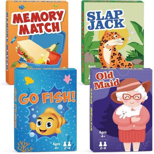 Neasyth Kids Card Games, 4 in 1 Kids Playing Cards Set - Go Fish, Old Maid, Memory Match, Slap Jack, Gift for Children