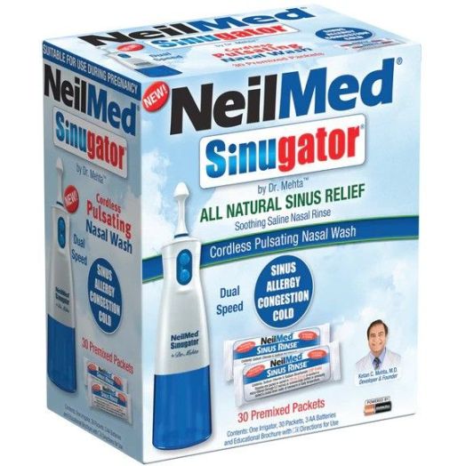NeilMed Sinugator Cordless Pulsating Nasal Wash Kit, with Irrigator and 30 Rinse Packets