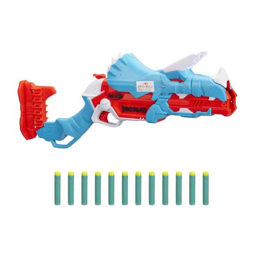 Nerf DinoSquad Tricera Blast Dart Blaster with 12 Darts Kids Toys for Outdoor Summer Games Ages 8 and Up