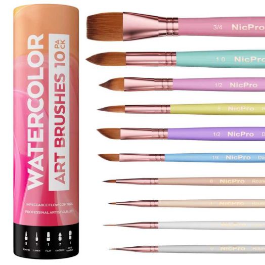 Nicpro 10PCS Pastel Watercolor Brushes Set, Professional Water Color Paint Brush, Pointed Round, Cat Tongue, Liner, Dagger, Wash for Adult, Beginers, Watercolor, Inks, Gouache - with Holder & Bag