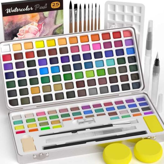 Nicpro 128 Colors Watercolor Paint Set include Metallic Macaron & Fluorescent, 8 Squirrel Painting Brushes, 25 Water Color Paper, Palette, Art Supplies Kit for Artist, Adult, Beginner