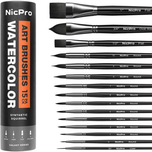 Nicpro 15PCS Watercolor Paint Brush Set, Professional Watercolor Paint Brushes, Soft Synthetic Fine Squirrel Hair, Round, Flat, Dagger, Wash for Water Color, Gouache - with Holder & Bag