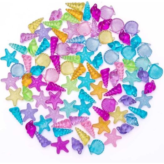 50 PCS Pack Colorful Plastic Sea Shell/Conch/Starfish Gems Toys for Beach Holiday/Swimming Pool Diving/Treasure Hunt/Party Favor/Party Decoration Learning Prizes (Sea Shell)