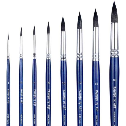 8 Pcs Professional Watercolor Brush Set, Round Pointed Squirrel Hair Paint Brushes with Wooden Handles for Artists, Blue