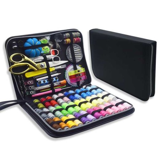 Premium Sewing Kit - 100-Piece Complete Sewing Set with Colored Thread Spools, Needles, Thimble, Scissors, and More, Black Leather Zippered Case, Ideal for Home Repair and DIY Projects