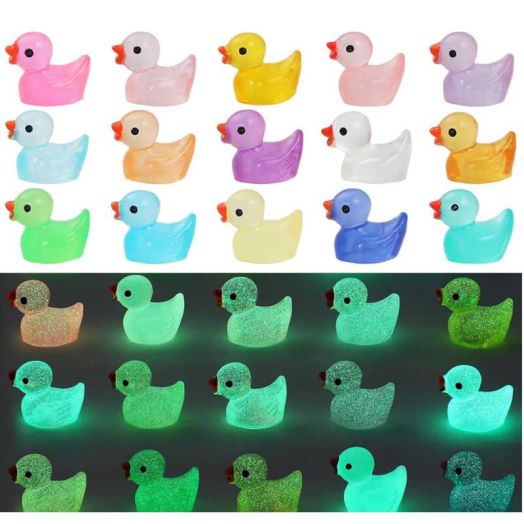 OFEFE 100 Pcs Luminous Mini Resin Ducks Glow in The Dark Tiny Ducks Miniature Figurines for Birthday Party Gift Aquarium,Garden,Dollhouse DIY Slime Dollhouse Decor Accessories Landscape