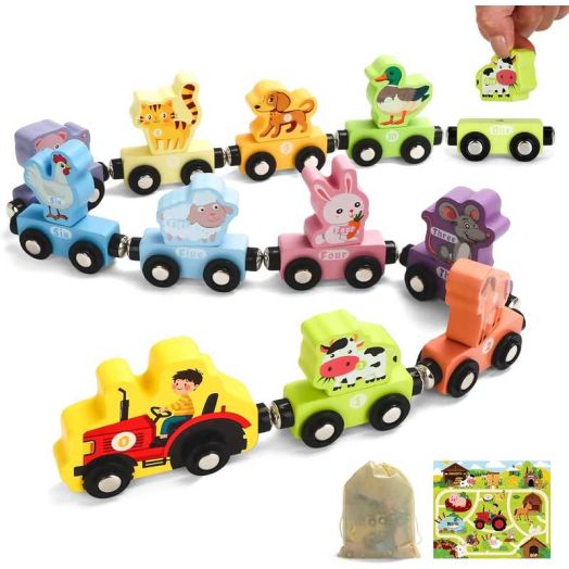Toys for Toddlers, 11 Magnetic Wooden Animal Train Set for Toddlers, Montessori Sensory Toys, Educational Preschool Learning Toys, Birthday Gifts for Boys & Girls