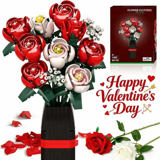 OKKIDY Rose Bouquet Building Kit, 841PCS Faux Rose Plants with Vase, Compatible with Lego, Valentine's Day for Adults and Kids Ages 6+