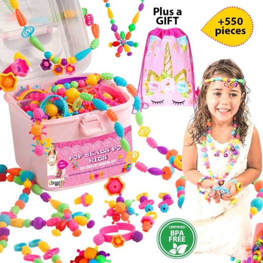 Orian Pop Beads Girls Jewelry Making Kit With Storage and Unicorn Bag 550 Piece
