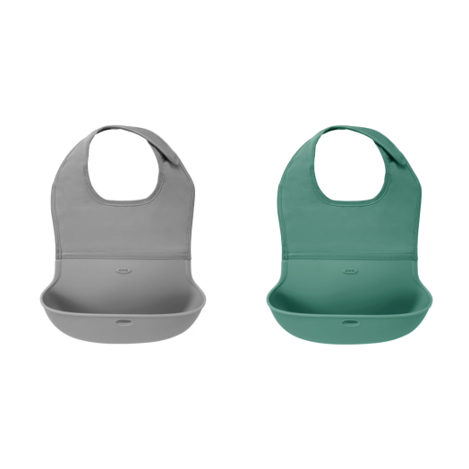OXO Tot 2-Piece Waterproof Silicone Roll Up Bib with Comfort-Fit Fabric Neck, Gray/Sage