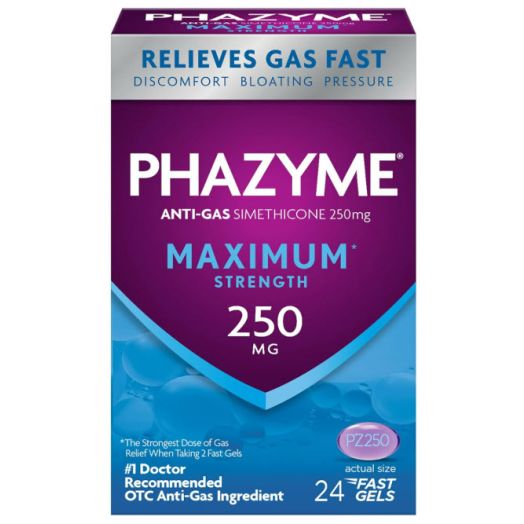 Phazyme Gas Relief, Maximum Strength Gas and Bloating Relief for Adults, 250 mg Simethicone Fast Gels, 24 Count
