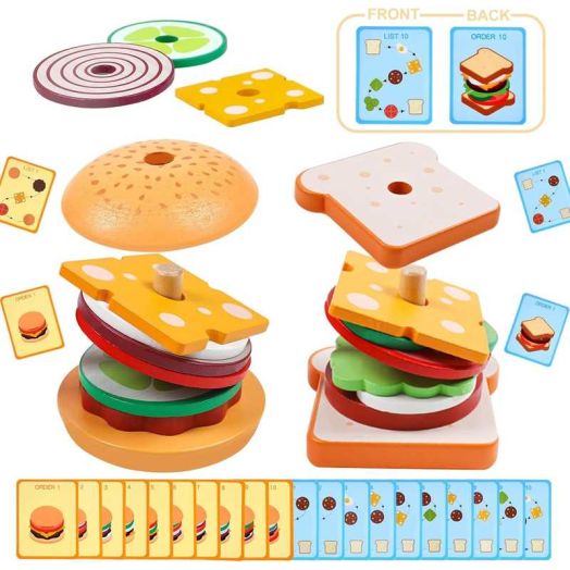 2pcs Wooden Stacking Toys Montessori Toys for Toddlers Fine Motor Skills Educational Learning Play Food for Kids Boys Girls