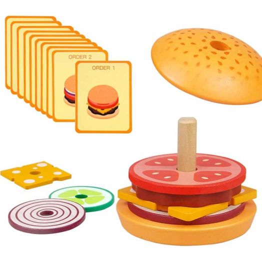 Wooden Burger Stacking Toys Montessori Toys For Toddlers Preschool Education Activity Board Game Early-Education Matching Speed Race Pretend Toy Food Back To School