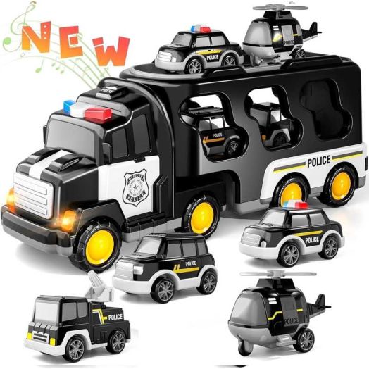 PayUSD Construction Toddler Police Truck Car Toys for 3 4 5 6 Year Old Boys 5 in 1 Construction Car Trucks Playset with Play Mat & Accesoories, Birthday Gifts for Toddlers Kids Boys Girls Age 3-5