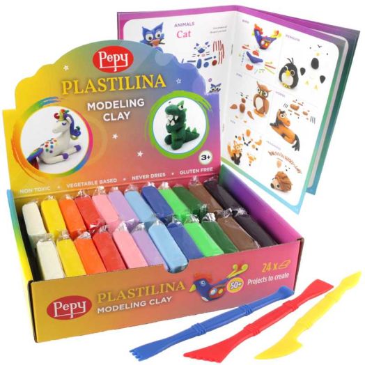 Pepy Plastilina Reusable and Non-Drying Modeling Clay; Set of 24 Bars, 1.4 Ounce Each, Multicolor, includes Tutorial Book and Tools