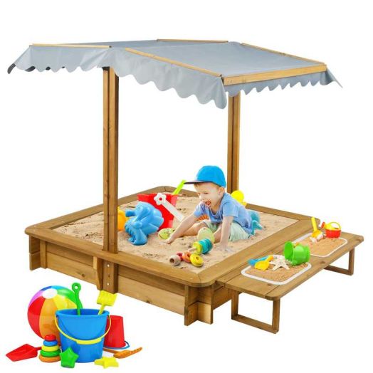 Wooden Sandbox with Adjustable Canopy and 2 Removable Bins, Outdoor Sand Box with Built-in Seats and Bottomless Design with Liner for Kids, 45.3 x 45.3in