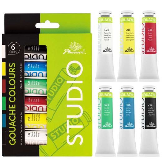 PHOENIX Gouache Paint Tubes - 6x22ml / 0.74 fl oz Non-Toxic Gouache Painting Supplies Art Paints Set for Adults, Beginners, Students