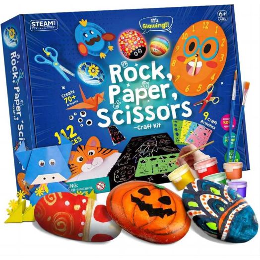 Piano Potato Rock Paper Scissors 4-in-1 Craft Kit for Kids, Glow-in-the-Dark Rock Painting + Scratch Art + Origami + Paper Plates, Arts & Crafts Gift for Boys & Girls Ages 6-12