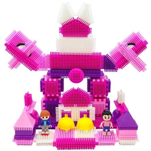PicassoTiles 106PCS Hedgehog Lock Building Blocks, Pink Castle Theme with Figures