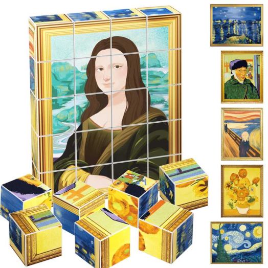PicassoTiles 20PCS 1" Magnetic Puzzle Cubes, Van Gogh & Mona Lisa STEM Art Toy