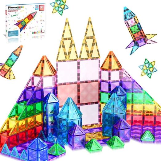 PicassoTiles 30PC Mini Magnetic Tiles, STEM Building Blocks Travel Set for Kids, Educational Construction Toy 3yrs