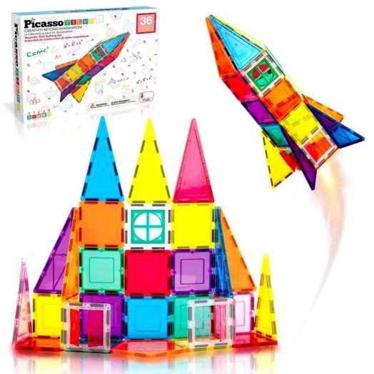 PicassoTiles 36PCS Magnetic Tiles Rocket Set Building Blocks
