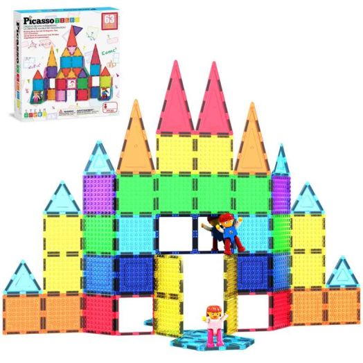 PicassoTiles 63PCS Magnetic Tile Building Block Set with 2 Character Figures