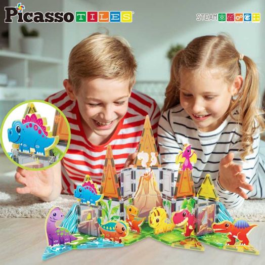 PicassoTiles Dinosaur Animal Magnetic Tiles for Kids - 8PCS STEM Construction Building Blocks Educational Toy Set