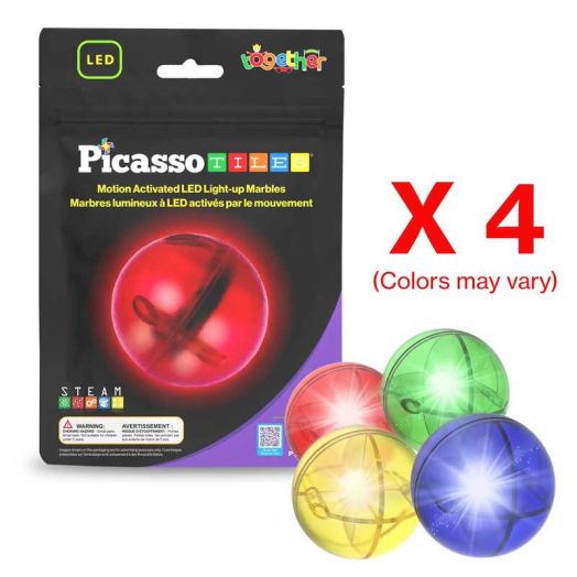 PicassoTiles LED Marbles for Marble Run Magnetic Tiles for Kids, 4PCS STEM Building Blocks Balls Toy