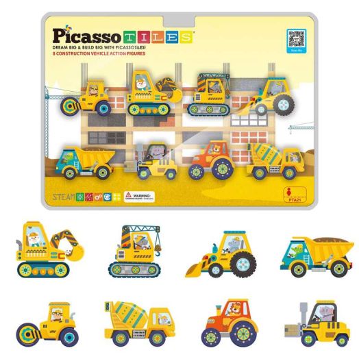 PicassoTiles Magnetic Tile Building Blocks Add-On - 8 Magnetized Action Figures, Construction Vehicles & Zoo Animals, STEM Toy for Kids