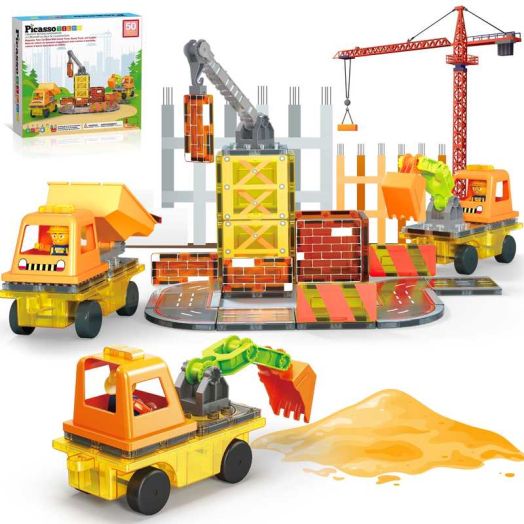 PicassoTiles Magnetic Tiles for Kids - 5-in-1 Construction Theme 50PCS STEM Building Blocks, Educational Creative Learning Toy Set
