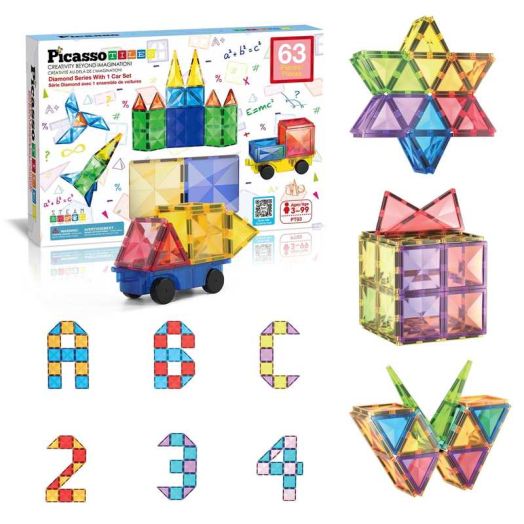 PicassoTiles Magnetic Tiles for Kids, 63PCS STEM Construction Building Blocks Educational Toy Set